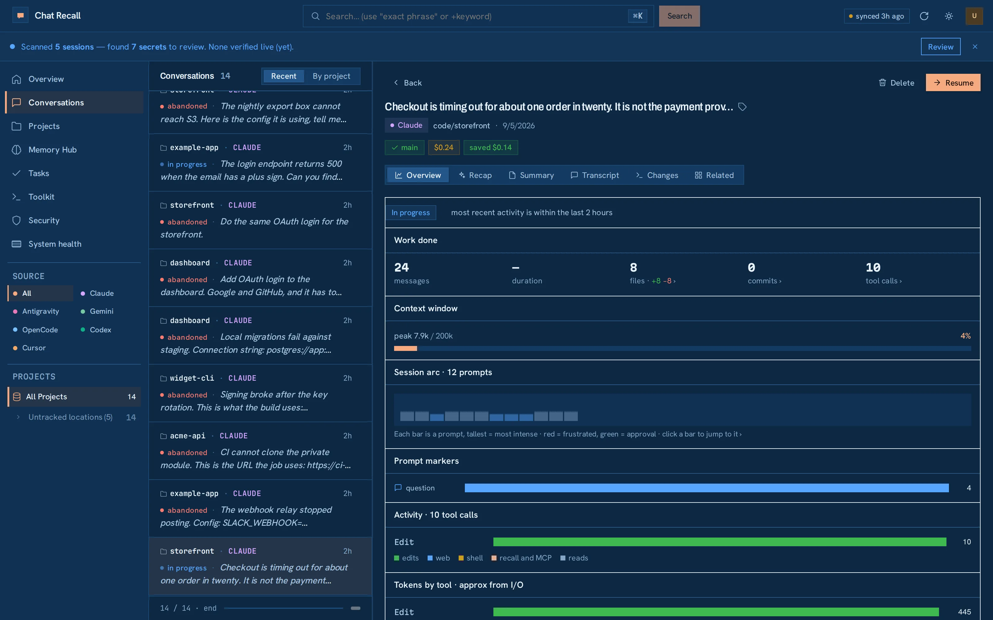 One session's analysis: 24 messages, 8 files changed, 10 tool calls, a context-window bar, a per-prompt sentiment arc and marker tallies.