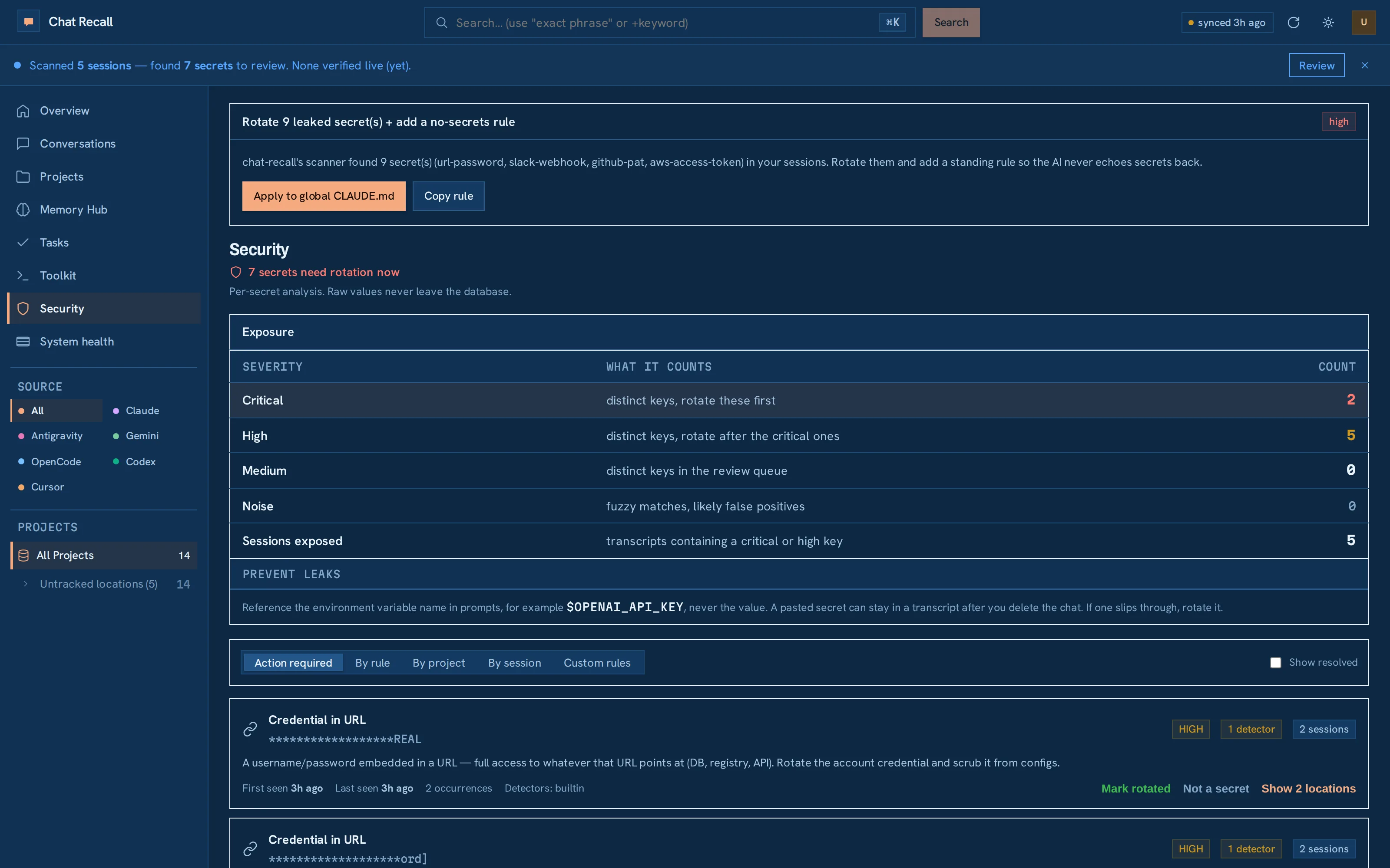 The security view: leaked credentials grouped by rule, each row showing a masked preview, a live-or-dead verdict, the detectors that matched, and how many sessions it appeared in.
